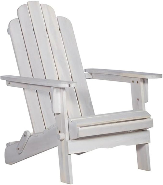 Pemberly Row Outdoor Acacia Wood Adirondack Chair, White Wash Finish, 38 x 22 x 29 in, Classic Design with Wine Glass Holder, Durable Patio Seating for Backyard, Deck, or Garden