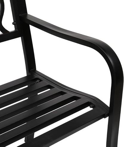 amopacorp 50" Outdoor Iron Bench for Patio Metal Garden Bench w/PVC Welcome Back Pattern, Steel Black Outdoor Welcome Bench Park Bench Porch for Yard Lawn Decor Deck Entryway