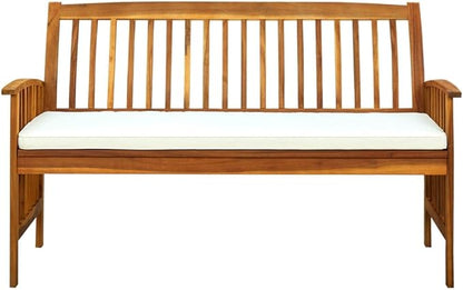 57.9 Inch Solid Acacia Wood Garden Bench with Cushion, 3-Seater Ergonomic Outdoor Seating for Patio Terrace Balcony, Rustic Slatted Design Weather Resistant Durable Furniture