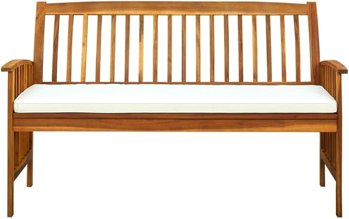 57.9 Inch Solid Acacia Wood Garden Bench with Cushion, 3-Seater Ergonomic Outdoor Furniture for Patio Terrace Balcony, Rustic Slatted Design, Oiled Finish, Weather Resistant