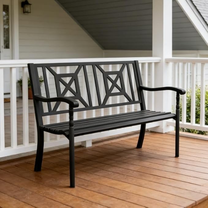 SHGJ&SOFT Garden Bench,Outdoor Bench,Porch Bench,Cast Iron Metal Frame Patio Park Bench,Patio Bench with Backrest and Armrests for Front Porch,Patio,Park,Outdoor Garden,Backyard,Lawn