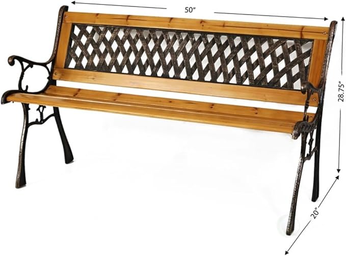 Gardenised QI003462L Outdoor Classical Wooden Slated Park Bench, Steel Frame Seating Bench for Yard, Patio, Garden, Balcony, and Deck