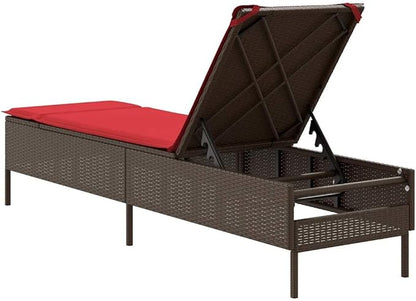 Patio Chaise Lounge Brown/Red PE Rattan, Steel Frame, 5-Angle Adjustable, 21.7"x78"x38.2", 242.5 lbs for Garden/Balcony/Pool