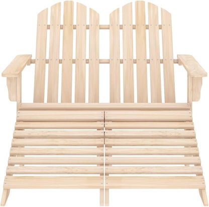 2-Seater Adirondack Chair, Solid Fir Wood Outdoor Loveseat Bench with Wide Armrests, Ergonomic Wooden Patio Garden Seating, Natural Finish, Detachable Ottoman