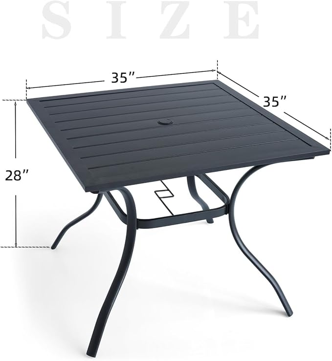 Outdoor Dining Table with 1.57" Umbrella Hole, Picnic Table Metal Steel Square Backyard Bistro Table Outdoor Dining Table for Garden, Poolside, Backyard, Black, 35x35inch
