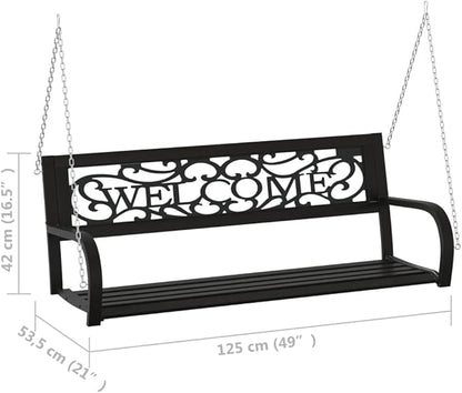 Black Steel and Plastic Hanging Garden Swing Bench with Mounting Hardware for Outdoor Relaxation, Spacious Seating for Two Adults, Durable and Elegant Design