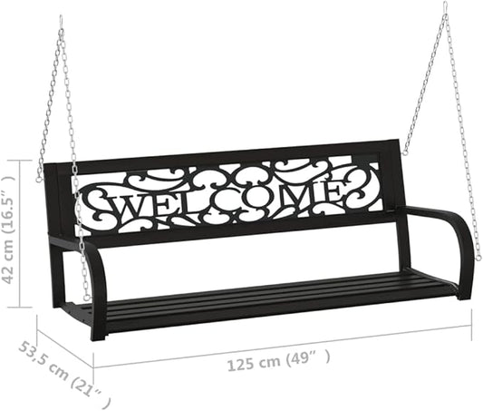 Garden Swing Bench Black Steel, Durable Plastic Hanging Mount, Weatherproof Outdoor Seating for Patio, Front Porch, Terrace, 2-Person Capacity