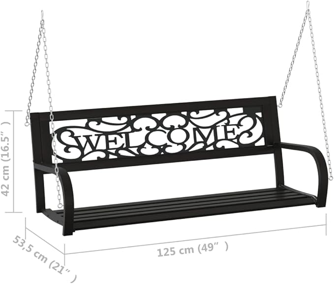 Black Steel Plastic Medium Hanging Mount Garden Swing Bench for Outdoor Patio, 2-Seater Weather-Resistant Hanging Chair with Included Mounting Hardware for Balcony or Garden