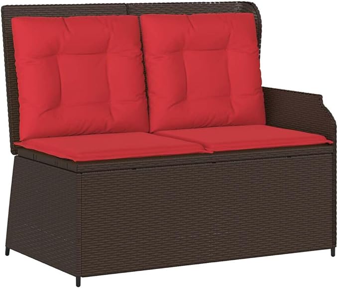 2-Seat Reclining Garden Bench 43.3"x26.4", Brown Woven Poly Rattan Lounge with Adjustable Backrest & Outdoor Cushions, Modern Patio Furniture Set for Garden, Balcony, Porch