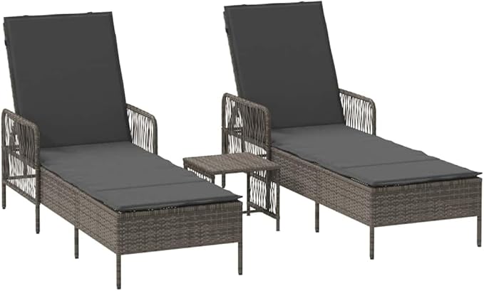 Gray Poly Rattan Sun Lounger Set 2 pcs w Table, 13.8" x 13.8" x 12.6", Adjustable Reclining Outdoor Chaise Lounge Chairs for Pool Patio Deck Garden