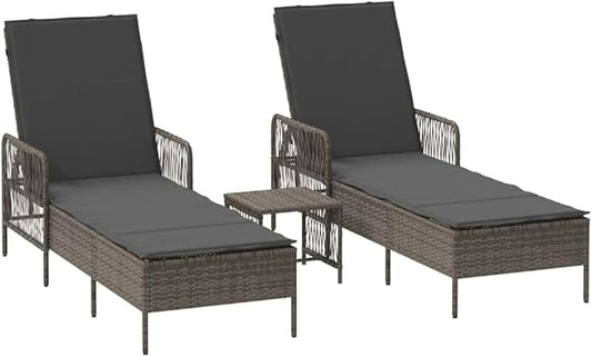 Gray Poly Rattan Sun Lounger Set 2 pcs w Table, 13.8" x 13.8" x 12.6", Adjustable Reclining Outdoor Chaise Lounge Chairs for Pool Patio Deck Garden