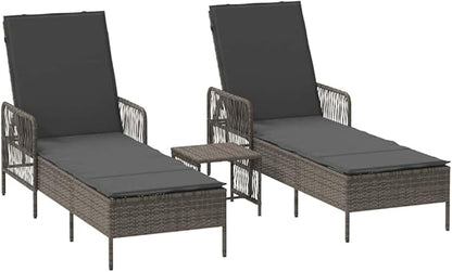 3-Piece Outdoor Sun Lounger Set Grey Dark Grey Poly Rattan Adjustable Recliner Chaise w/Table 21.65x78.74x36.22 in for Patio Poolside Garden Terrace
