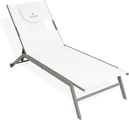Ostrich Chatham 2 Pieces Patio Chaise Lounges, Patio Lounge Chairs,Facedown Tanning Chair, Patio Chairs, 5-Position Recliner Adjustable Sunbathing Lounge Chair for Patio,Yard, Pool, White & Tan