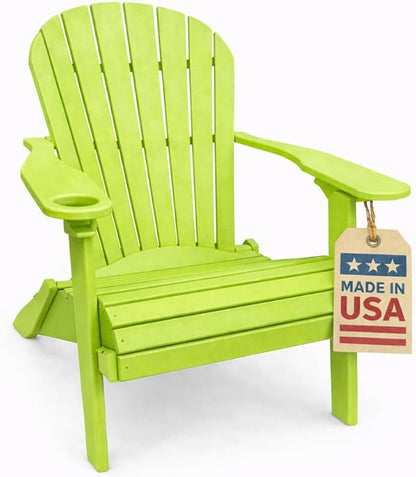Ecommersify Folding Adirondack Chair with Cup Holder - (Tropical Lime Green) - Heavy Duty Recycled Poly Lumber Folding Chair - Amish Crafted Outdoor Furniture - Made in USA