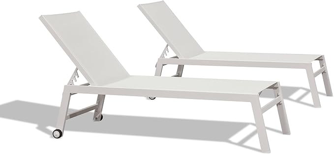 PURPLE LEAF Patio Lounge Chair 2 Pieces White Aluminum Outdoor Chaise Lounge for Pool Backyard Beach with Wheels and Table, Ivory