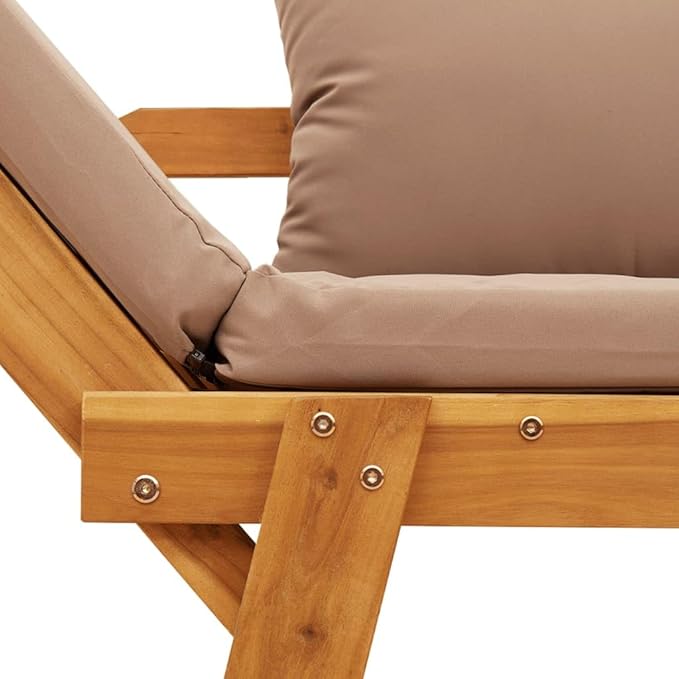 Taupe Solid Acacia Wood Garden Bench with Removable Cushions, Convertible Daybed Design, Adjustable Armrests, Weather Resistant Outdoor Furniture for Patio and Backyard