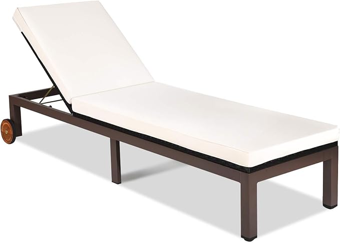 Tangkula Patio Chaise Lounge Chair, Outdoor Rattan Lounger Recliner Chair with Wheels, Wicker Chaise Chair with Cushioned Seating, Recliner 5-Position Adjustable for Garden, Patio, Poolside (1, Beige)