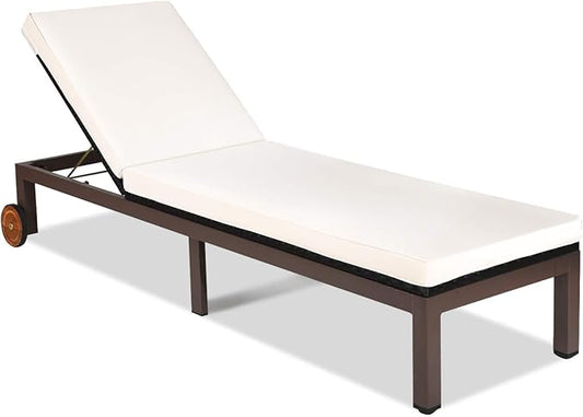 Tangkula Patio Chaise Lounge Chair, Outdoor Rattan Lounger Recliner Chair with Wheels, Wicker Chaise Chair with Cushioned Seating, Recliner 5-Position Adjustable for Garden, Patio, Poolside (1, Beige)
