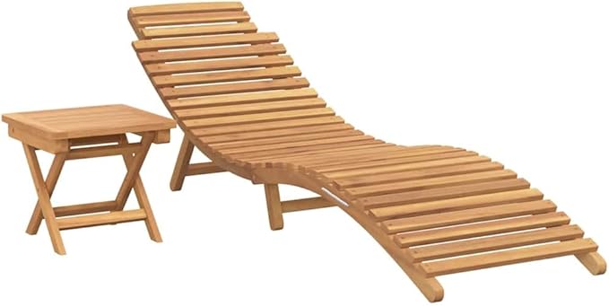 Folding Sun Lounger 2 Pcs Set with Side Table, Solid Teak Wood Outdoor Chaise Lounge Chair - Photo 2
