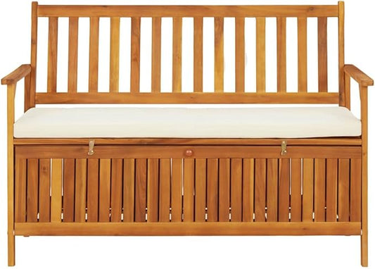 Solid Acacia Wood Storage Bench with Polyester Cushion, Rustic Natural Finish for Hallway Garden Patio Entryway, Durable Indoor Outdoor Seating and Decorative Furniture