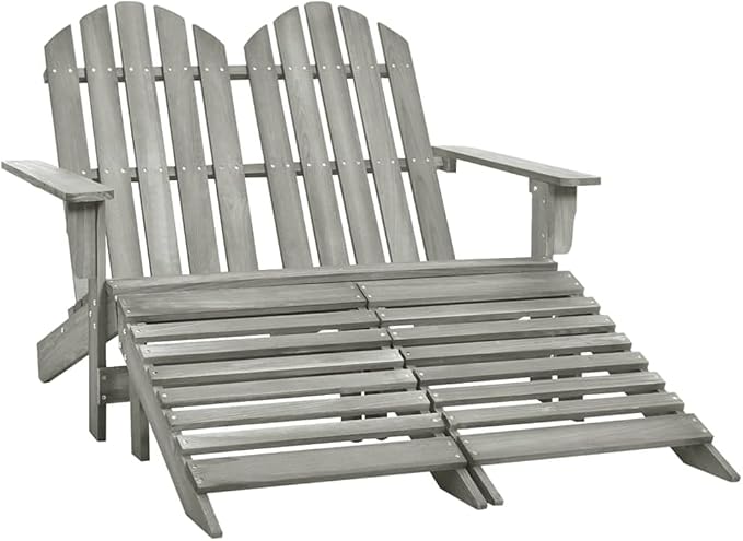 Grey Solid Fir Wood Two-Seater Detachable Garden Chair with Ottoman for Patio and Balcony Outdoor Furniture - Photo 1