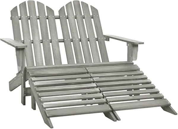 Grey Solid Fir Wood Two-Seater Detachable Garden Chair with Ottoman for Patio and Balcony Outdoor Furniture - Photo 1
