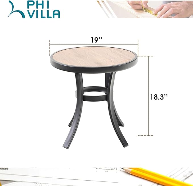 PHI VILLA Outdoor Round Side Table Set of 2, 19" Small Metal End Table with Wood Top - Photo 3