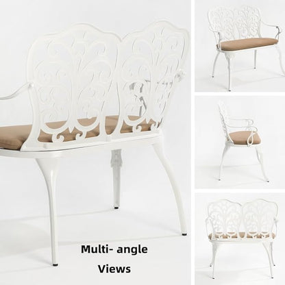 Patio Aluminum Outdoor Bench with Soft Cushion, Garden Metal Loveseat Furniture, Vintage Carving White Front Porch Chair Seat