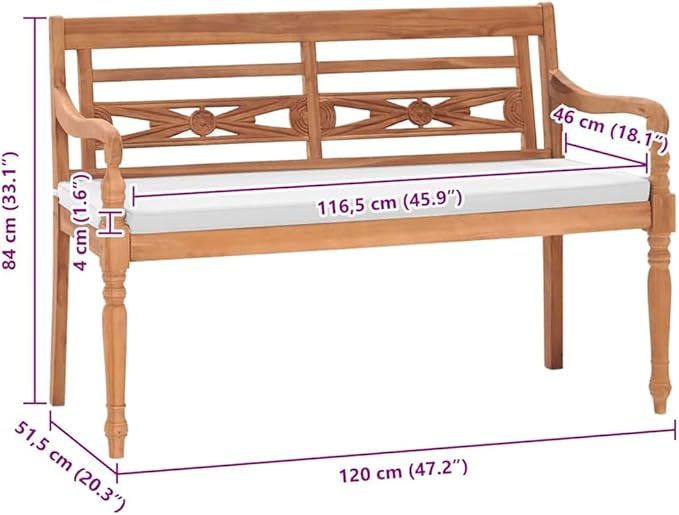 Garden Bench Deck Bench Batavia Bench with Cushions 47.2" Teak - Photo 2