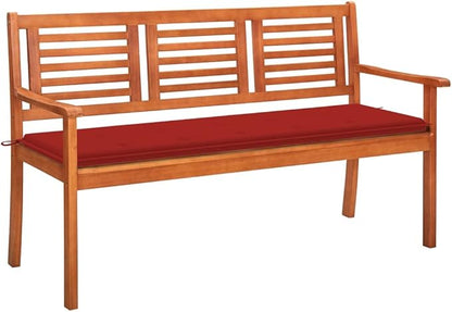Solid Eucalyptus Wood 3-Seater Garden Bench 59.1 Inch Ergonomic Design for Patio Balcony Outdoor Seating with Removable Cushion Rustic Style Durable Weather-Resistant