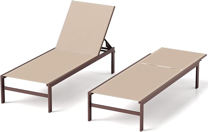 HAPPYGRILL Aluminum Chaise Lounge Chair, Heavy-Duty Patio Recliner W/ 6-Level Backrest & Breathable Fabric, Outdoor Lightweight Reclining Lounge Chair for Backyard, Poolside, Porch (2, Brown)