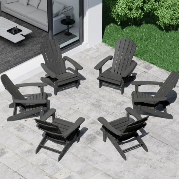 YEFU Adirondack Chairs Set of 6: Outdoor Chair HIPS Plastic Adirondack Chairs - Patio Chairs with Wood Texture - Lawn Fire Pit Deck Porch Garden Chairs for Adults (Black)