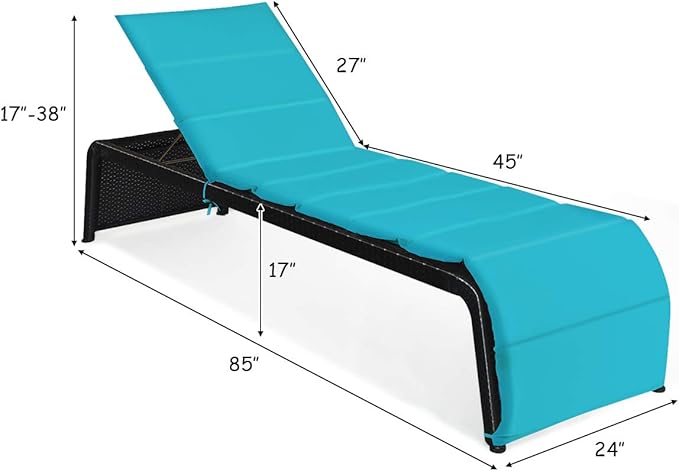 COSTWAY Patio Rattan Lounge Chair Cushioned Chaise Recliner Chair with Adjustable Back Garden Backyard Poolside Turquoise