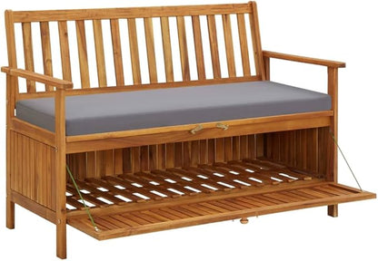 Rustic Solid Acacia Wood Storage Bench with Dark Grey Seat Cushion and Natural Wood Finish for Indoor Outdoor Use, Durable Construction and Comfortable Seating