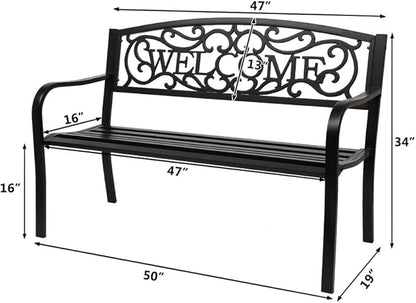 50" Outdoor Garden Bench, Cast Iron Metal Frame Patio Park Bench with PVC Welcome Pattern Backrest,Arch Legs for Park Yard Front Porch Path Yard Lawn Decor Deck Furniture, Black