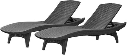Outdoor Patio Chaise Lounge Chairs, All-Weather Wicker Rattan, Adjustable Backrest, Set of 2 (Gray)