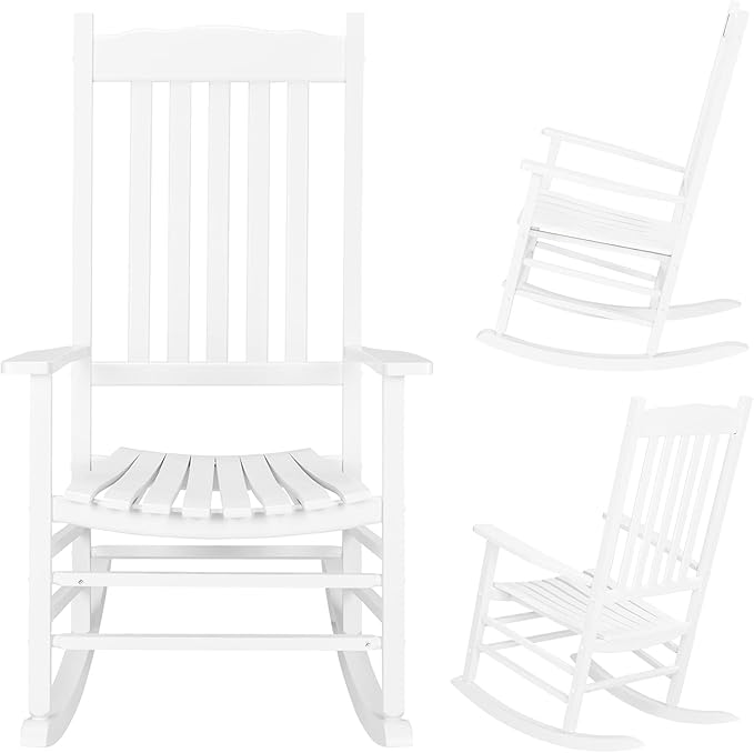 Wooden Rocking Chair Outdoor with High Back,Wood Porch Rocker,Perfect for Indoor or Outdoor All Weather Porch Rocker for Garden,Lawn,Balcony,Backyard and Patio Porch Rocker Use(White)