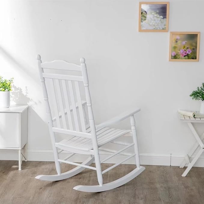 Outdoor Wooden Rocking Chair for Patio and Porch - Traditional Indoor Outside Furniture Rocker for Lawn, Backyard and Garden, White