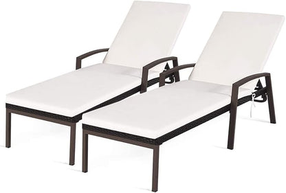 HAPPYGRILL 2 Patio Chaise Lounge Chairs Outdoor Rattan Wicker Lounge Set Adjustable Backrest Poolside Chaise with Soft Cushions for Beach Pool Backyard Balcony