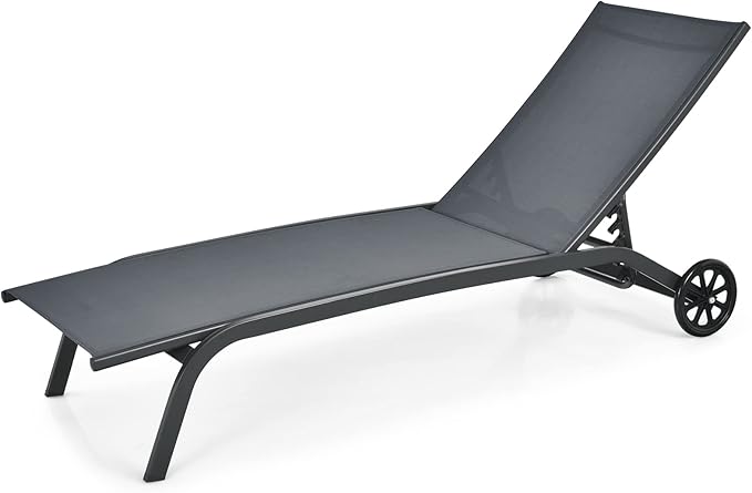 Tangkula Outdoor Chaise Lounge Chair, Patio Lounge Recliner with 6-Position Adjustable Backrest, Breathable Fabric and Smooth Wheels, Outdoor Lounge Chair (1, Grey)