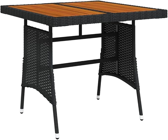 vidaXL Outdoor Patio Table - 27.6"x27.6"x28.3", Weather-Resistant Poly Rattan Detailing & Solid Acacia Wood Tabletop, Powdered Steel Frame, Lightweight - Black