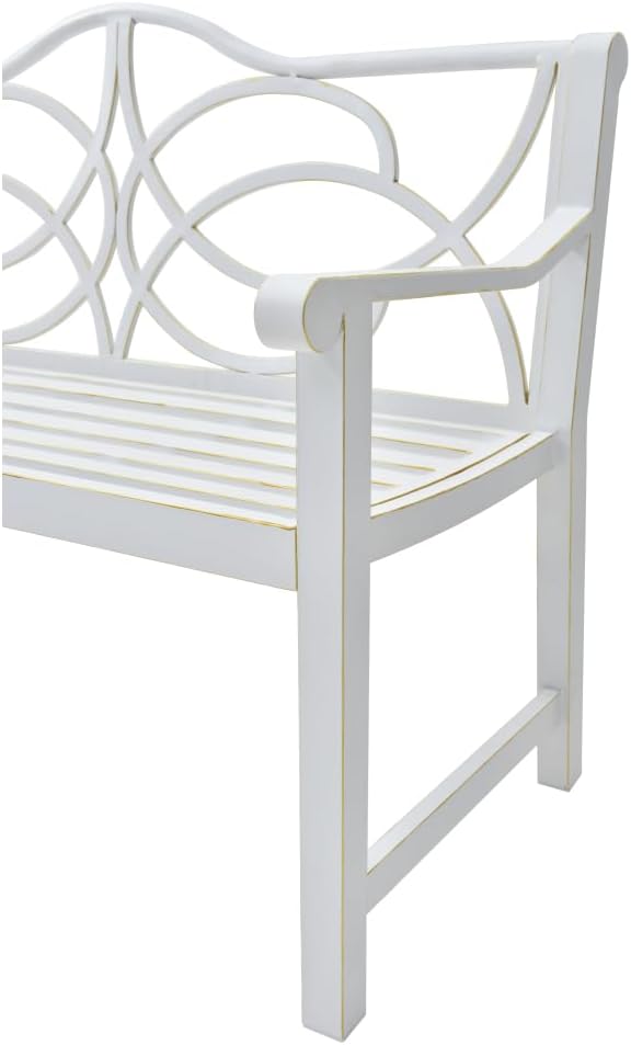 Outdoor Patio Garden Bench, Iron Metal Steel Park Bench with Backrest and Armrest, Slatted Seat for Yard Porch Balcony, Accommodates 2-3 People, White