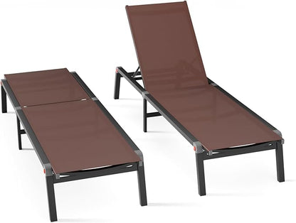 Aluminum Chaise Foldable Patio Lounge Chair Outdoor, Metal Deck Lounger Adjustable 5-Position Recliner Pool Chase Breathable Full Flat Outside Sun Tanning Chairs for Beach/Poolside/Lawn(Brown, 2 Pack)