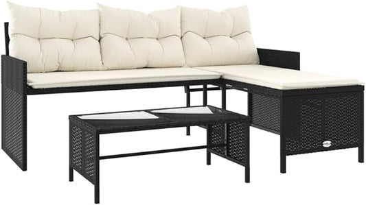 vidaXL Patio Sofa Set - L-Shaped Black Poly Rattan, Powder-Coated Steel Frame with Cream Cushions, Tempered Glass Coffee Table for Garden/Deck