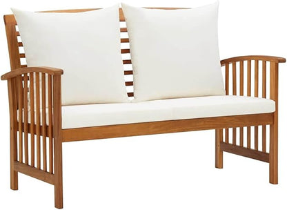 Vintage Acacia Wood Garden Bench 43.3 in, Cream White Cushions, Oiled Finish, Medium Outdoor Seating Set for Balcony, Patio, Porch, Backyard Relaxing