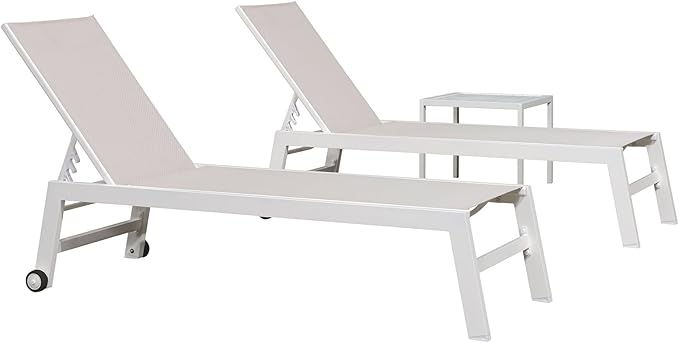 PURPLE LEAF Patio Lounge Chair 2 Pieces White Aluminum Outdoor Chaise Lounge for Pool Backyard Beach with Wheels and Table, Linen
