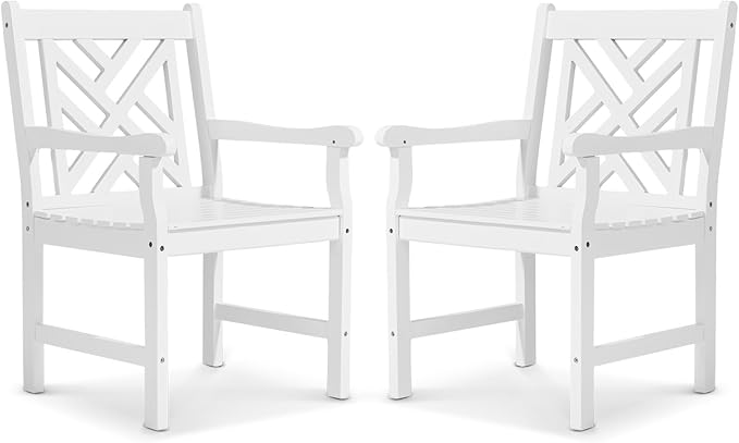 VINGLI Outdoor Dining Chairs Set of 2, Heavy Duty 330 LBS Wooden Patio Chairs with Comfortable Backrest, Solid Wood Patio Dining Chairs Garden Chairs for Yard, Front Porch and Deck (White, 2 PCS)