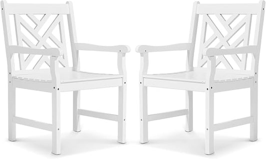 VINGLI Outdoor Dining Chairs Set of 2, Heavy Duty 330 LBS Wooden Patio Chairs with Comfortable Backrest, Solid Wood Patio Dining Chairs Garden Chairs for Yard, Front Porch and Deck (White, 2 PCS)