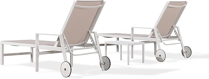 PURPLE LEAF Outdoor Lounge Chairs Set of 2 White Aluminum Chaise Lounge Chaisr Outdoor with Wheels and Armrest for Patio Deck Pool Side Table Include, Linen