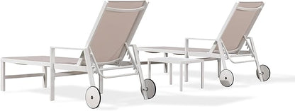 PURPLE LEAF Outdoor Lounge Chairs Set of 2 White Aluminum Chaise Lounge Chaisr Outdoor with Wheels and Armrest for Patio Deck Pool Side Table Include, Linen